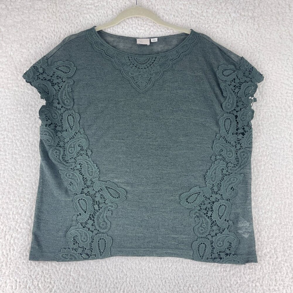 Anthropologie Postmark Green Joli Lace Shirt‎ Womens Short Sleeve Size Medium